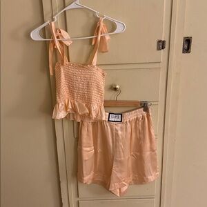 Sleeper Tender Fighter Pajama Set Blush Pink Silk-Satin sz L Tank Boxing Short